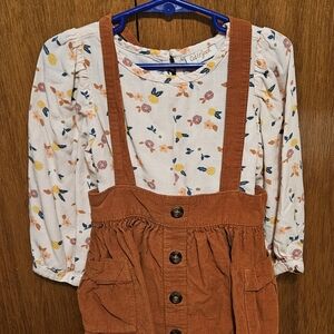 3T Girls Cat & Jack Rust Corduroy Pinafore Dress with Floral Top